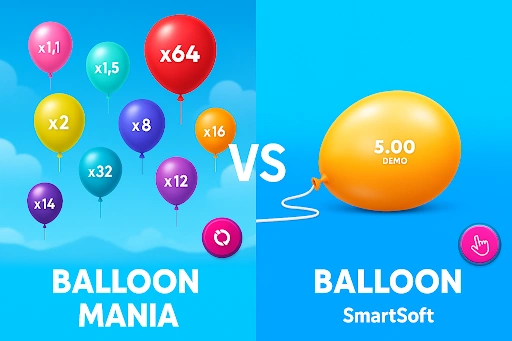 Balloon Mania vs Balloon SmartSoft comparison showing multipliers and gameplay visuals side by side.