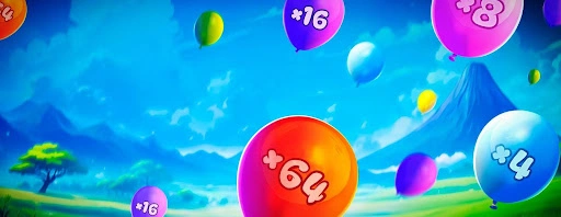 Balloon Mania slot scene with colorful multiplier balloons flying over mountains and green fields.