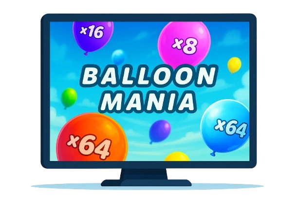 Colorful balloon game interface with multipliers shown on a desktop monitor screen.