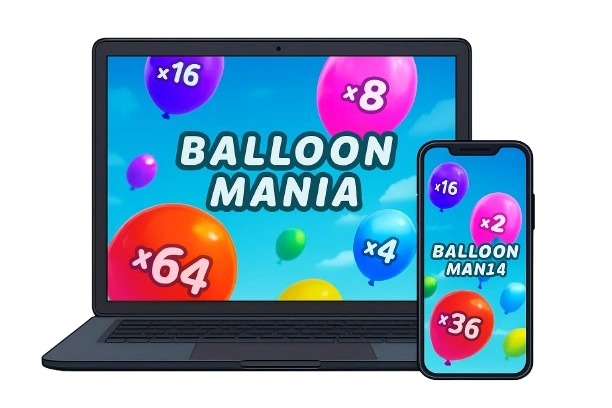 Colorful balloon crash game interface displayed on both laptop and smartphone screens.