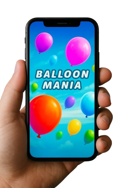 Person holding a smartphone displaying a colorful balloon game with floating balloons in the sky.