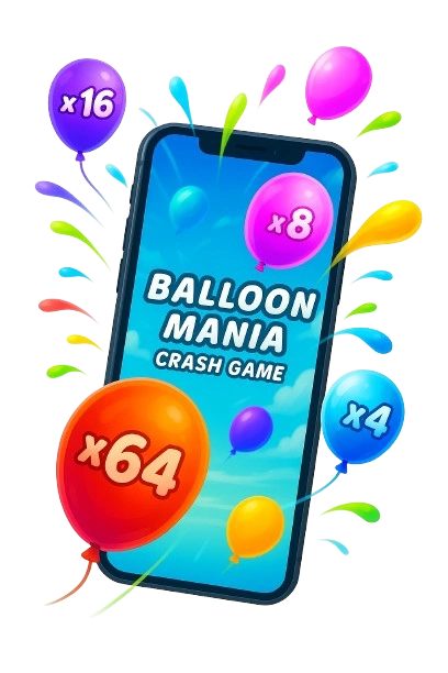 Balloon Mania crash game on phone with colorful multiplier balloons flying out of the screen.